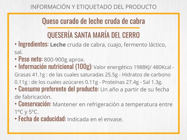 Información Queso curado de leche cruda de cabra