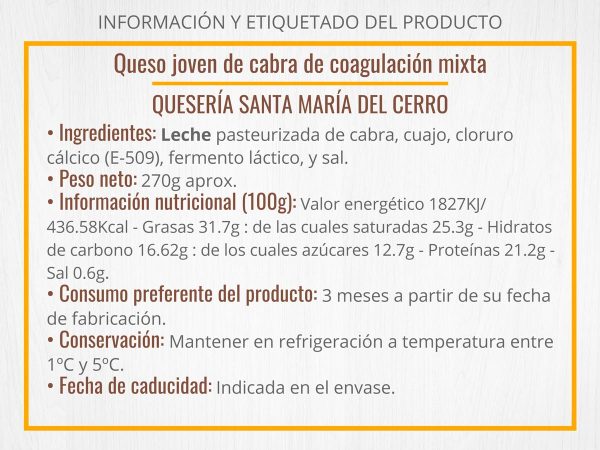 Información queso joven de cabra de coagulación mixta