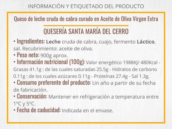 Información Queso de leche cruda de cabra curado en Aceite de Oliva Virgen Extra