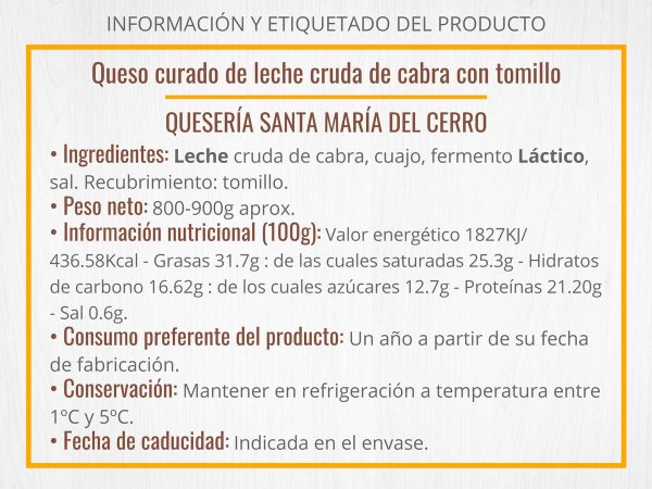 Información Queso semicurado de leche cruda de cabra con tomillo