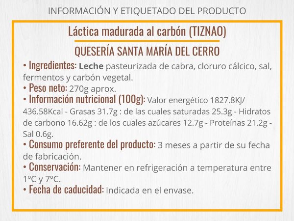 Información queso láctica madurada de leche de cabra al carbón