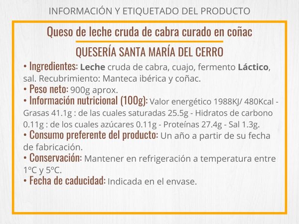 Información queso de leche cruda de cabra curado en coñac