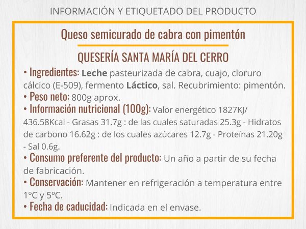 Información Queso semicurado de cabra con pimentón