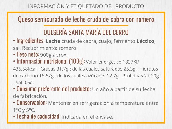 Información queso semicurado de leche cruda de cabra con romero
